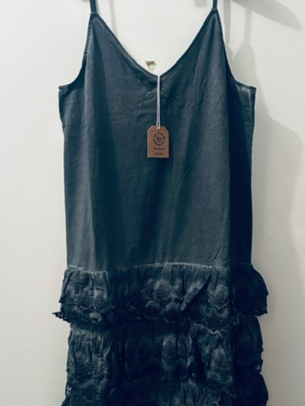 A Rare Bird Distressed Black Cotton Linen Ruffle Lace Adjustable Slip Dress NWT